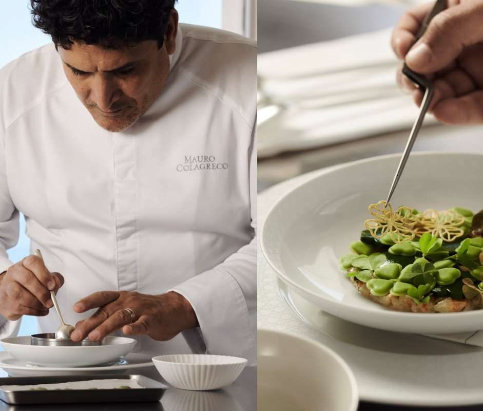 Mauro Colagreco emplatando y detalle de un plato de autor