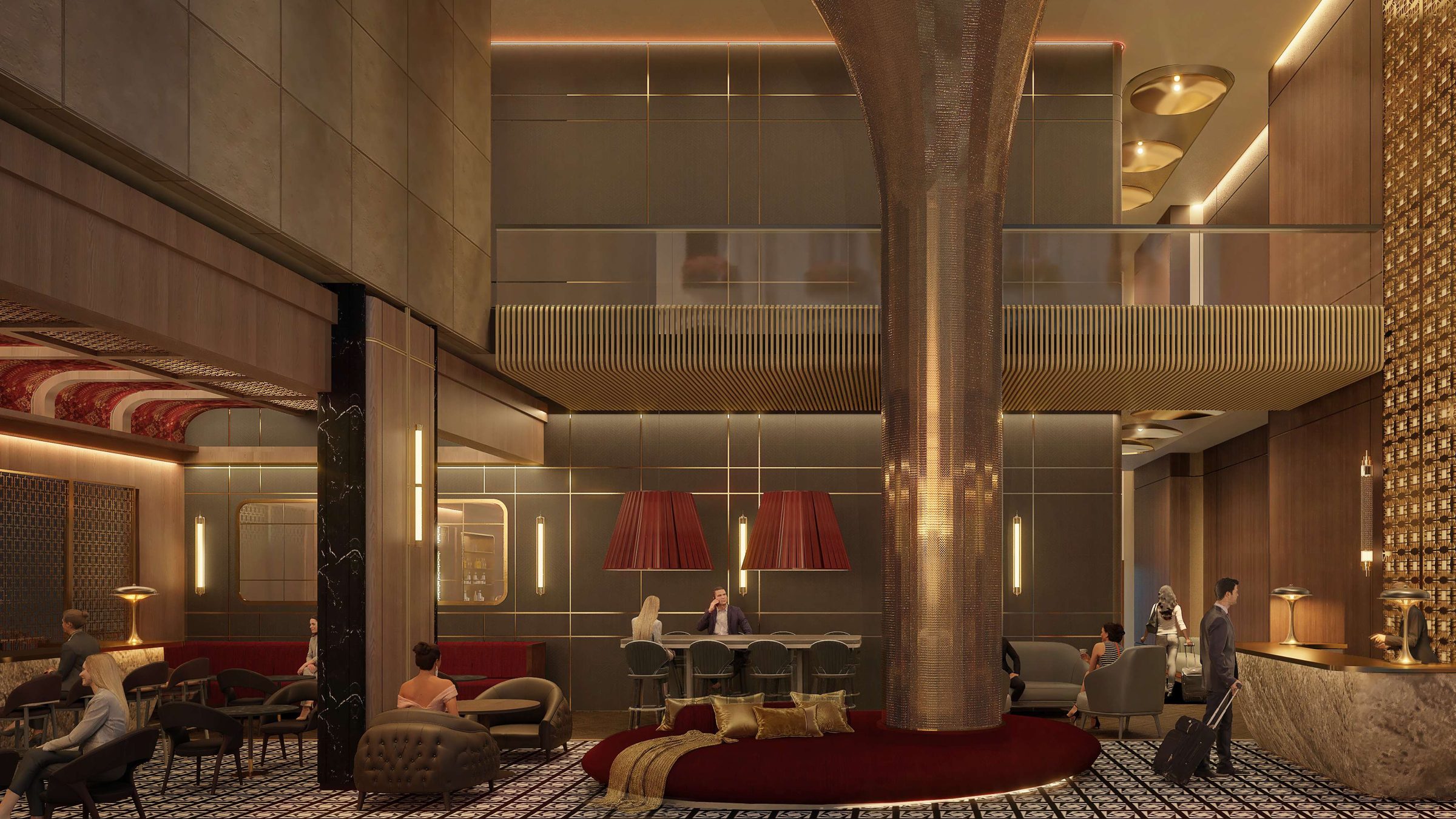 Lobby de doble altura con columna de bronce, sillón circular bordó y piso damero