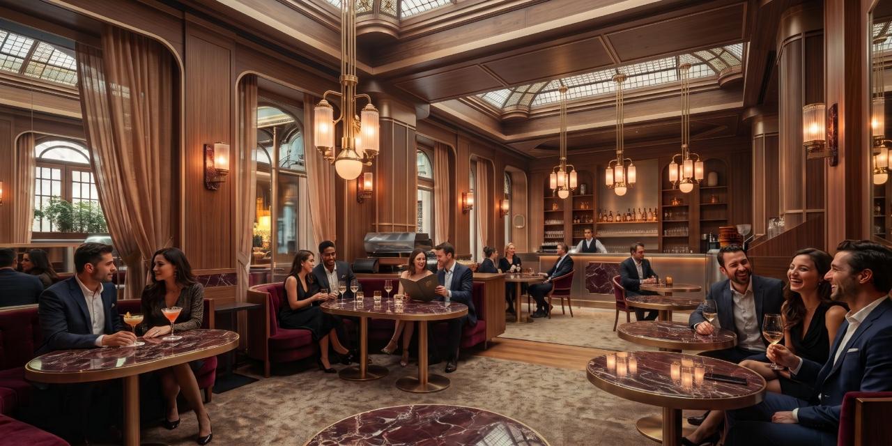 Lounge bajo claraboya con mesas de mármol bordó, sillones de terciopelo y lámparas de bronce
