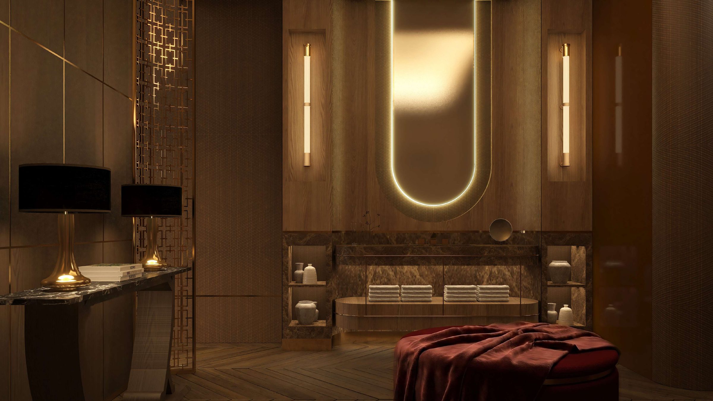 Baño en mármol y madera con espejo en arco iluminado y celosías doradas